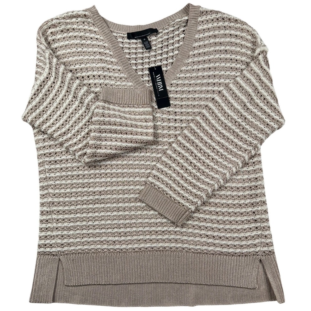 White House Black Market WHBM Striped Open Knit V-Neck Sweater Tan White M NWT
